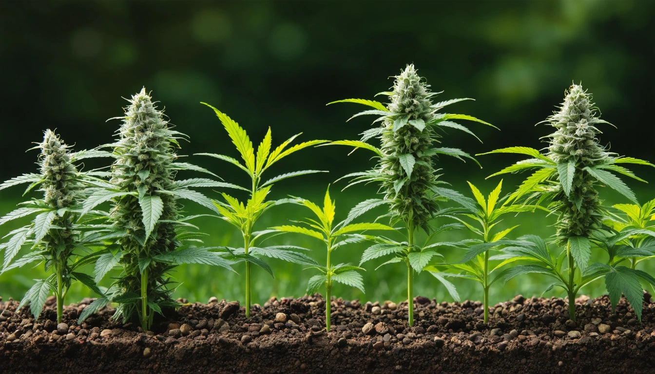 Tall green plants with spiky leaves and buds growing in dark soil against a blurred green background