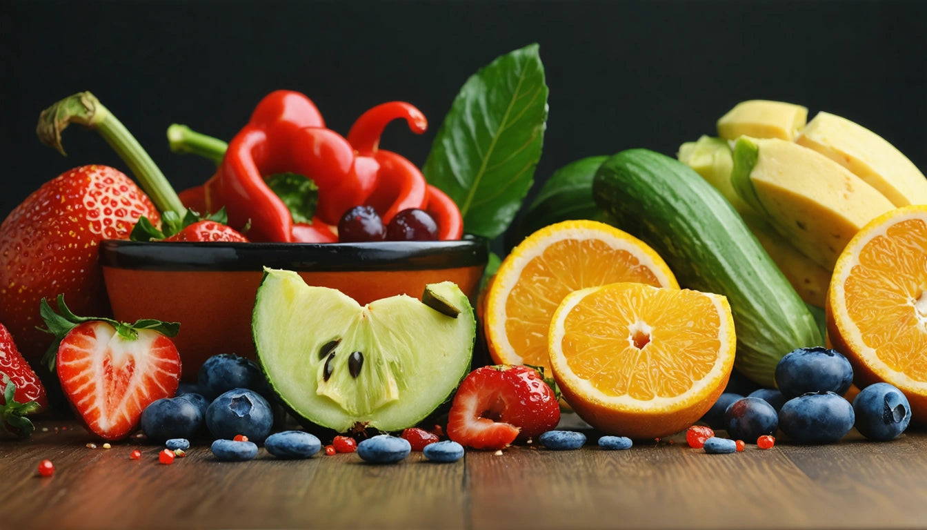 Strawberries, blueberries, sliced apple, orange halves, red peppers, cucumbers, bananas, and green leaves on wooden surface