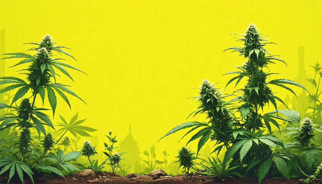 Tall green plants with spiky leaves and buds, set against a bright yellow background