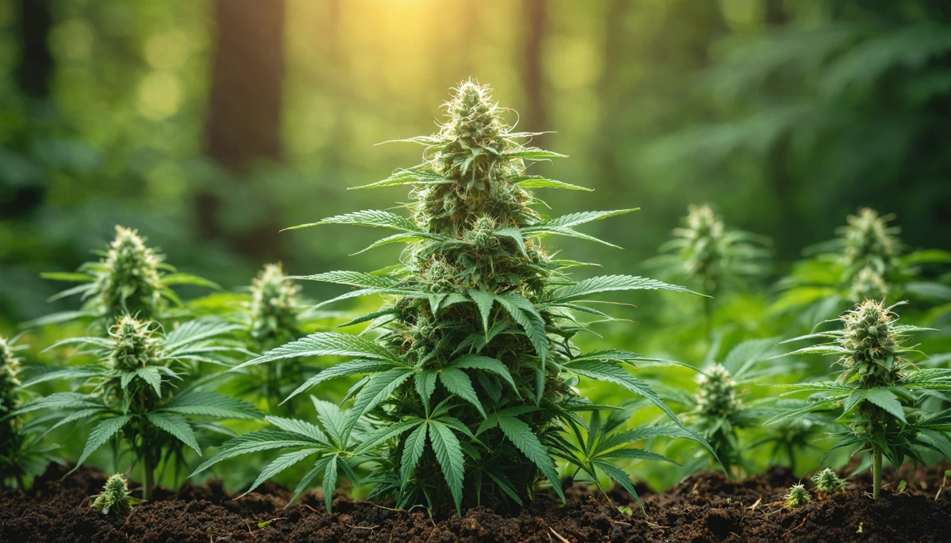 Dense green plant with pointed leaves and buds, surrounded by similar plants in a forest setting with sunlight filtering through