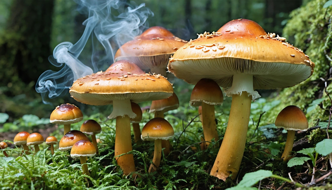 Tall mushrooms with brown caps and white stems, surrounded by green moss and ferns, with wisps of smoke rising