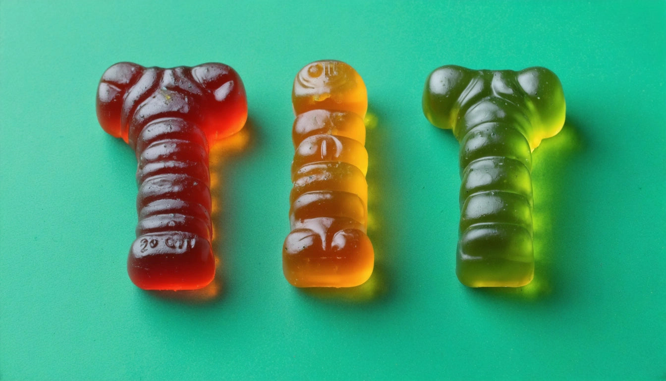 Three gummy worms in red, orange, and green on a bright teal background