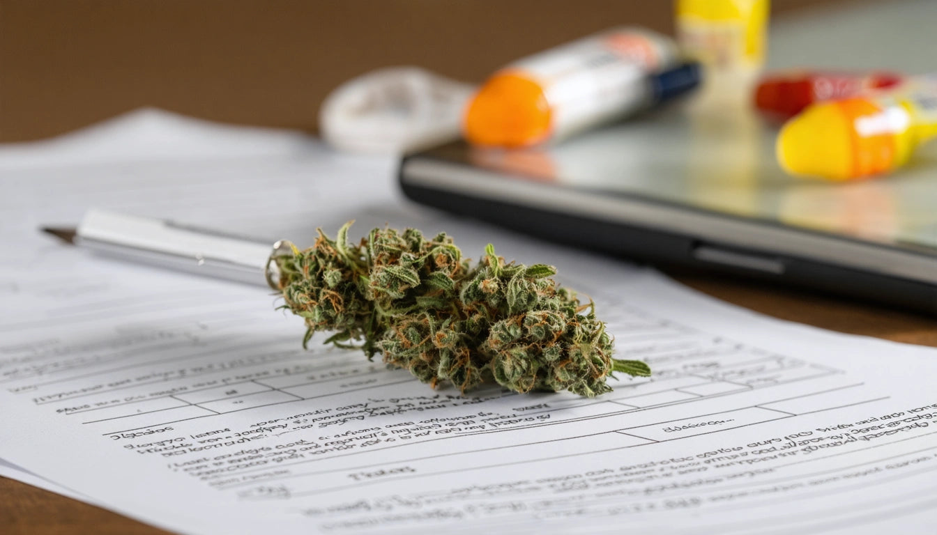 A cannabis bud on paperwork with a pen, tablet, and colorful pill bottles in the background