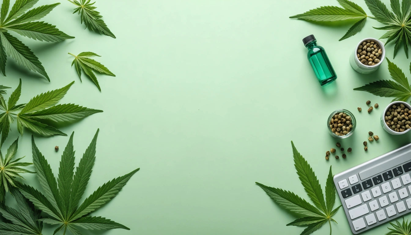 Green cannabis leaves border a light green background, with a small green bottle, seeds, and a keyboard on the right