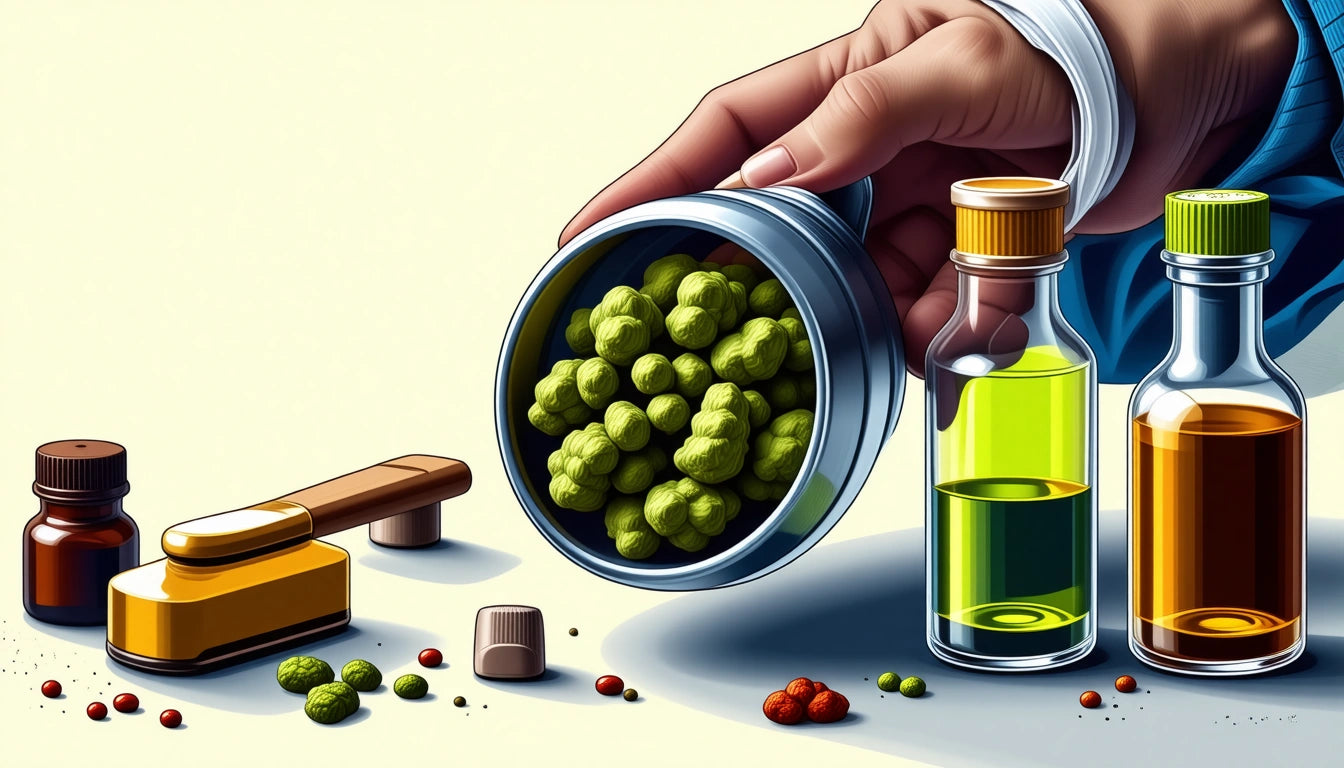 Hand pouring green clusters from jar, surrounded by colorful pills and three bottles with green, yellow, and brown liquids