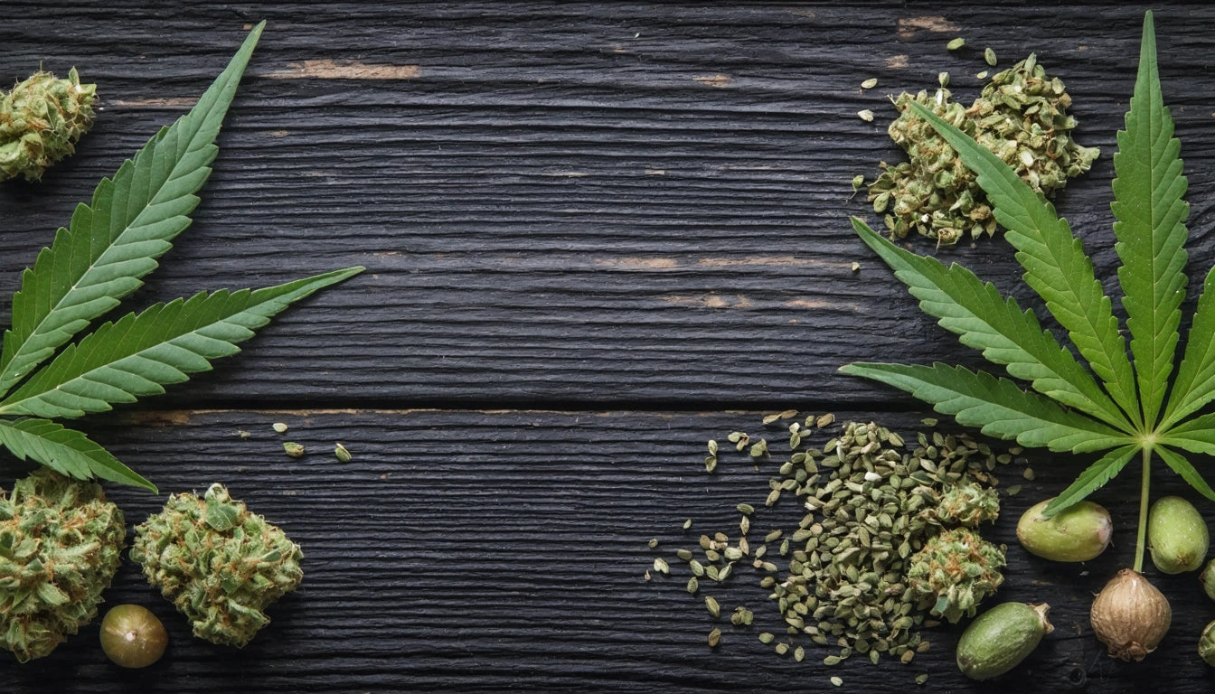 Cannabis leaves, buds, seeds, and scattered dried pieces on dark wooden surface