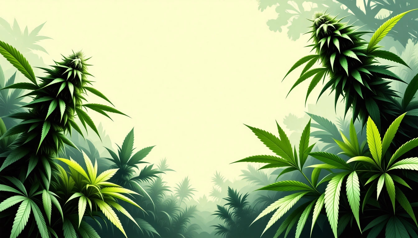 Dense green foliage with pointed leaves and large buds against a light yellow background, creating a lush, layered effect