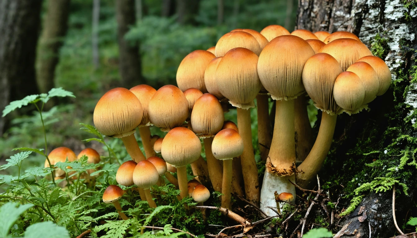 Cluster of orange-brown mushrooms growing at the base of a tree in a forest, surrounded by green foliage