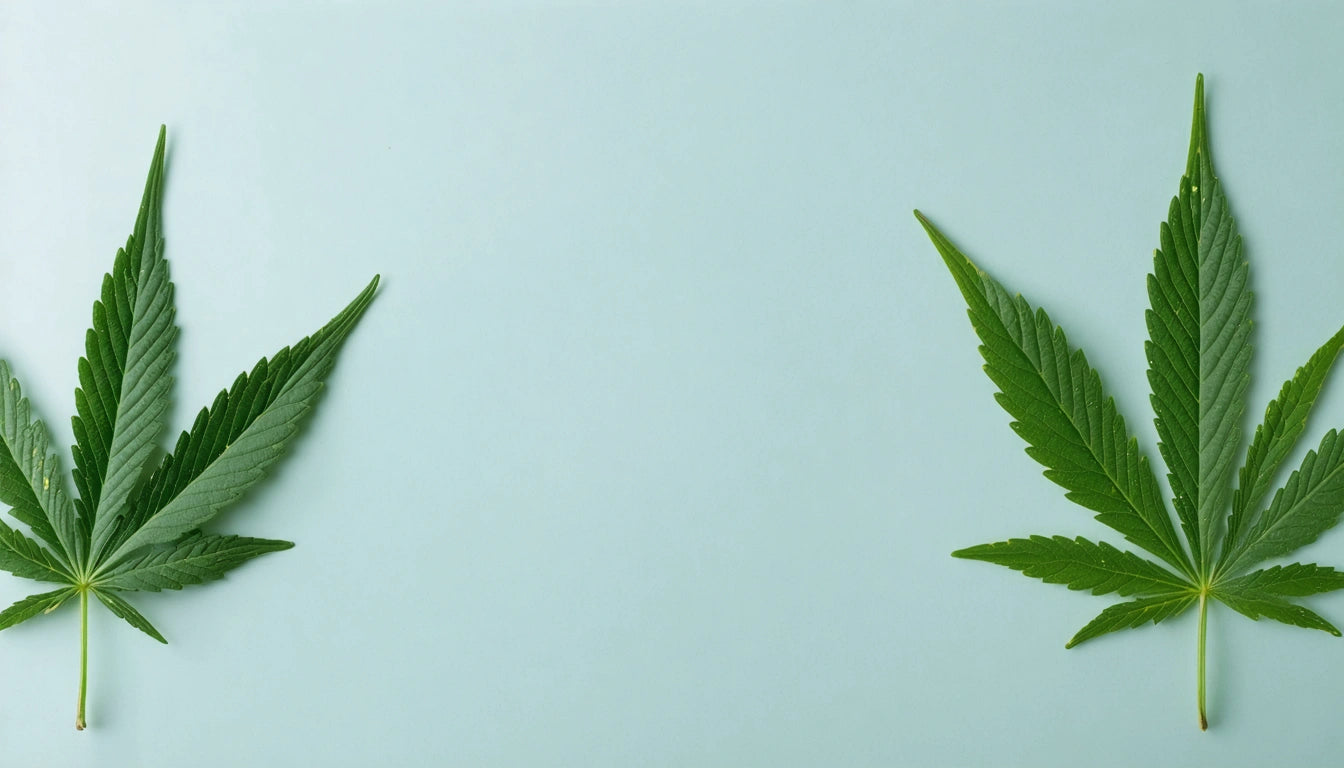 Two green leaves with serrated edges on a light blue background, one on each side