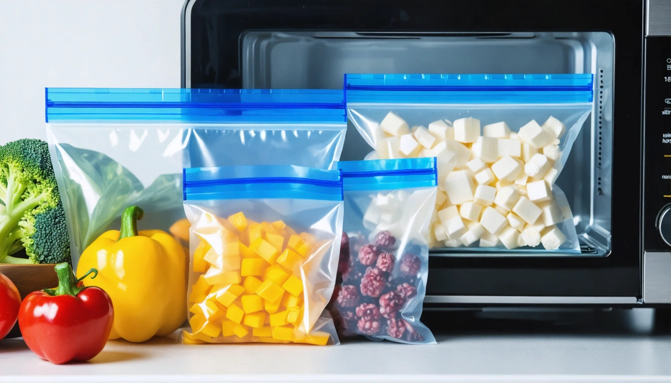 Three resealable bags with diced vegetables and fruits in front of a microwave, broccoli and bell peppers on the side