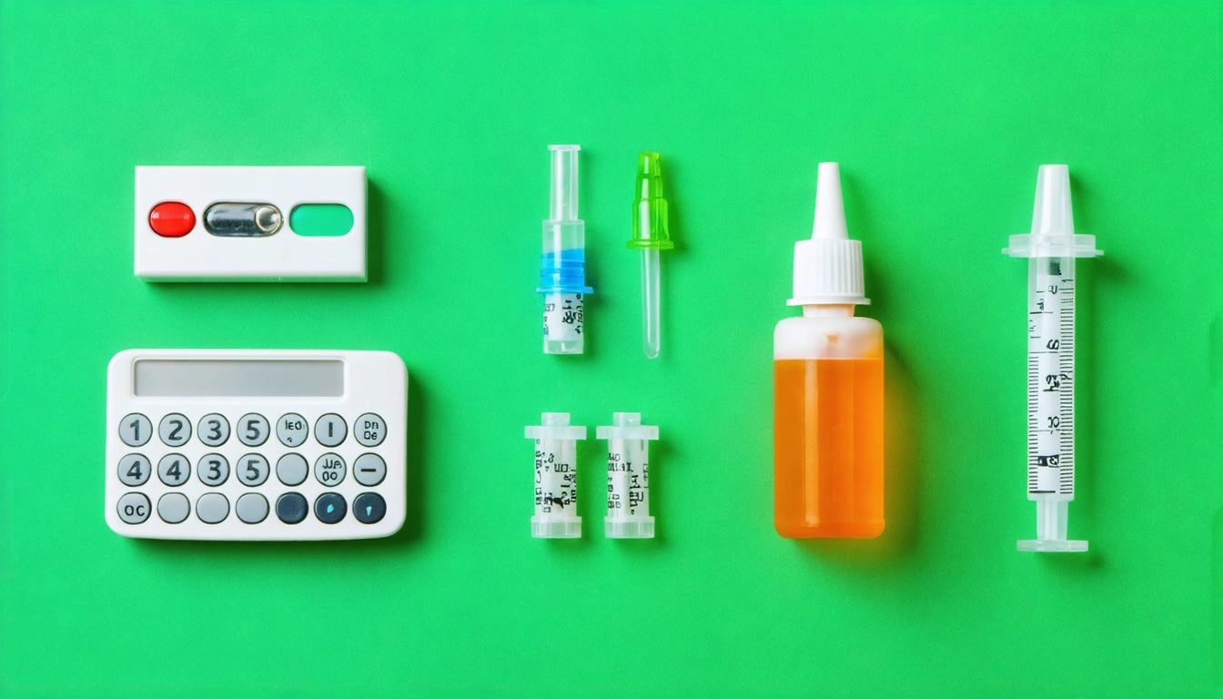 Calculator, thermometer, syringes, medicine bottle, and capsules arranged on a bright green background