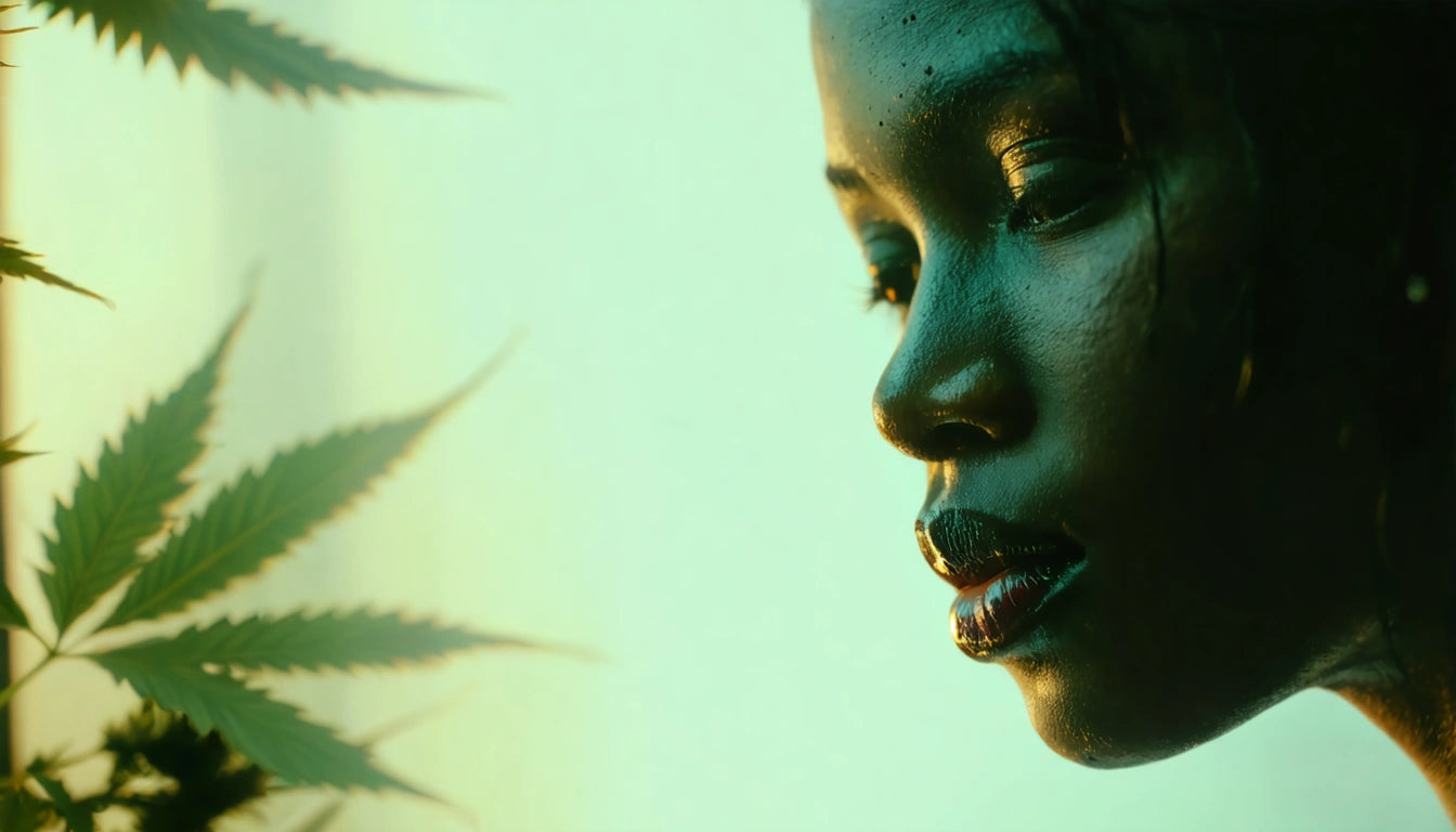 Profile of a person with closed eyes, illuminated by green light, next to silhouetted leaves against a light background