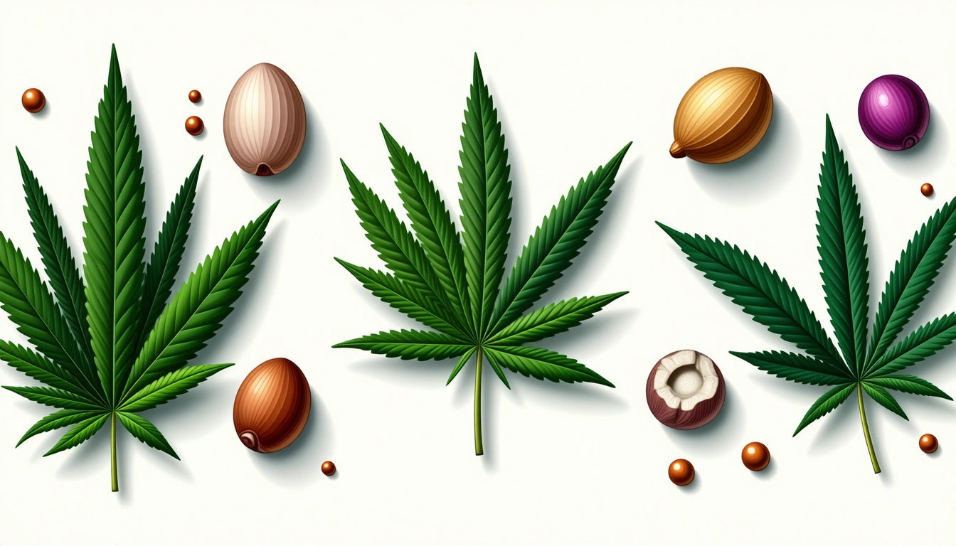 Green leaves and various nuts with shells and seeds arranged on a white background