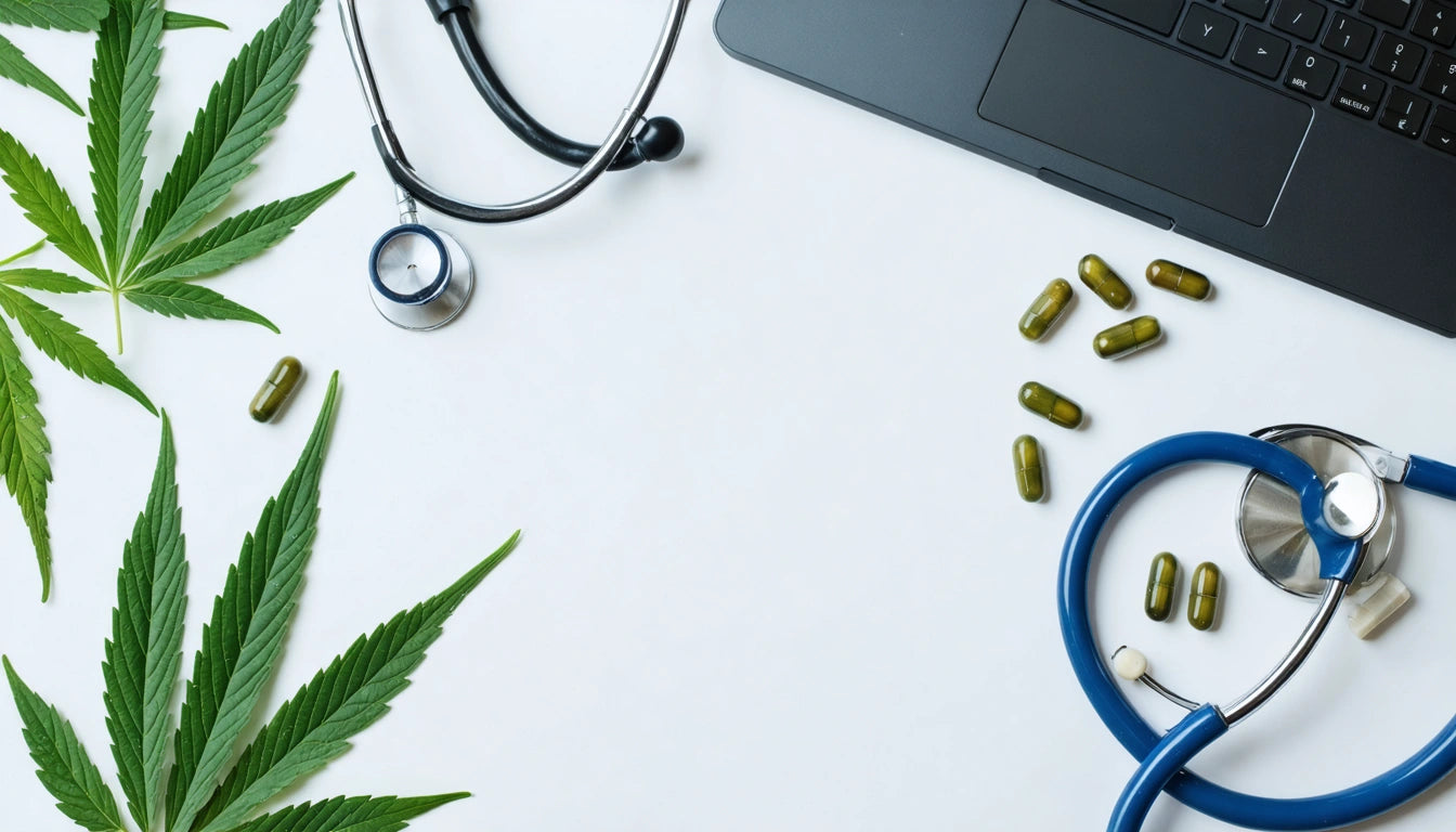 Stethoscope, green capsules, cannabis leaves, and laptop on white surface