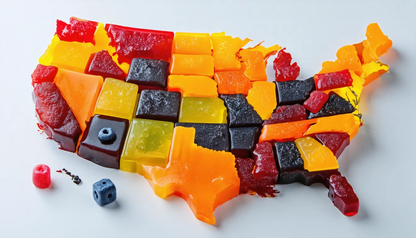 Colorful gummy candy shaped like the United States map, with each state in different colors, two loose gummies nearby
