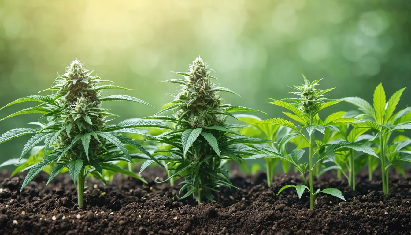 Three green plants with serrated leaves growing in dark soil, soft sunlight in the blurred background