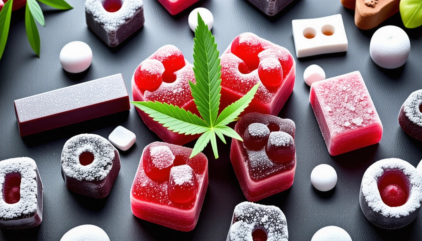 Red and purple gummy candies with sugar coating, arranged around a green leaf on a dark surface