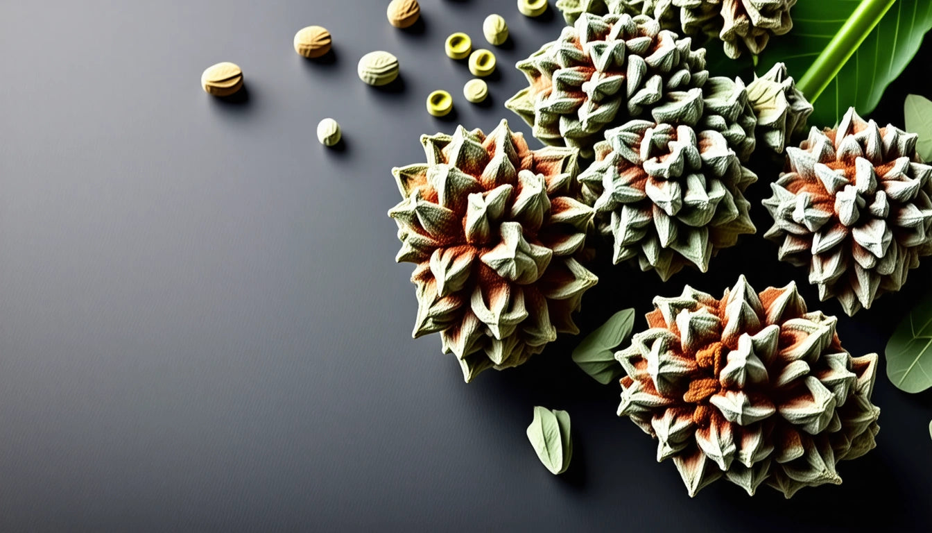 Spiky, geometric succulents with green and brown hues on a dark surface, scattered seeds and leaves nearby