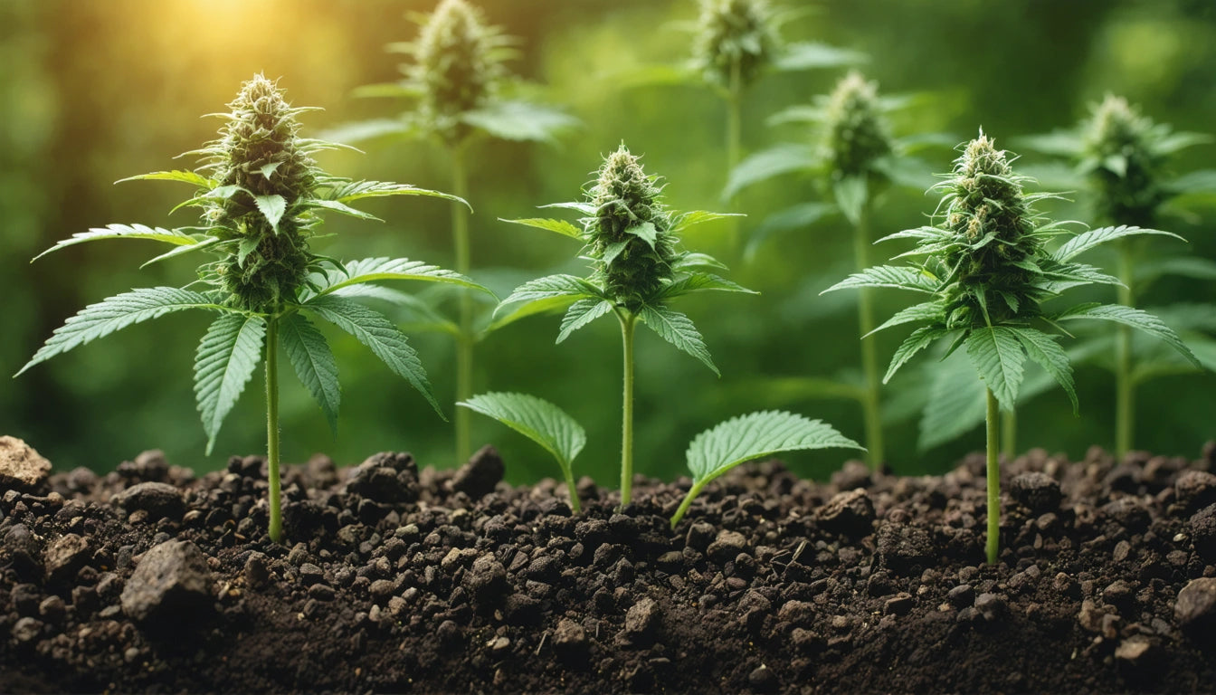 Green plants with serrated leaves and buds growing in soil, with sunlight filtering through a blurred green background