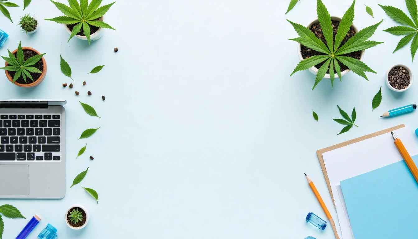 Laptop, scattered leaves, potted plants, clipboard with paper, pencil, and small blue bottles on a white surface