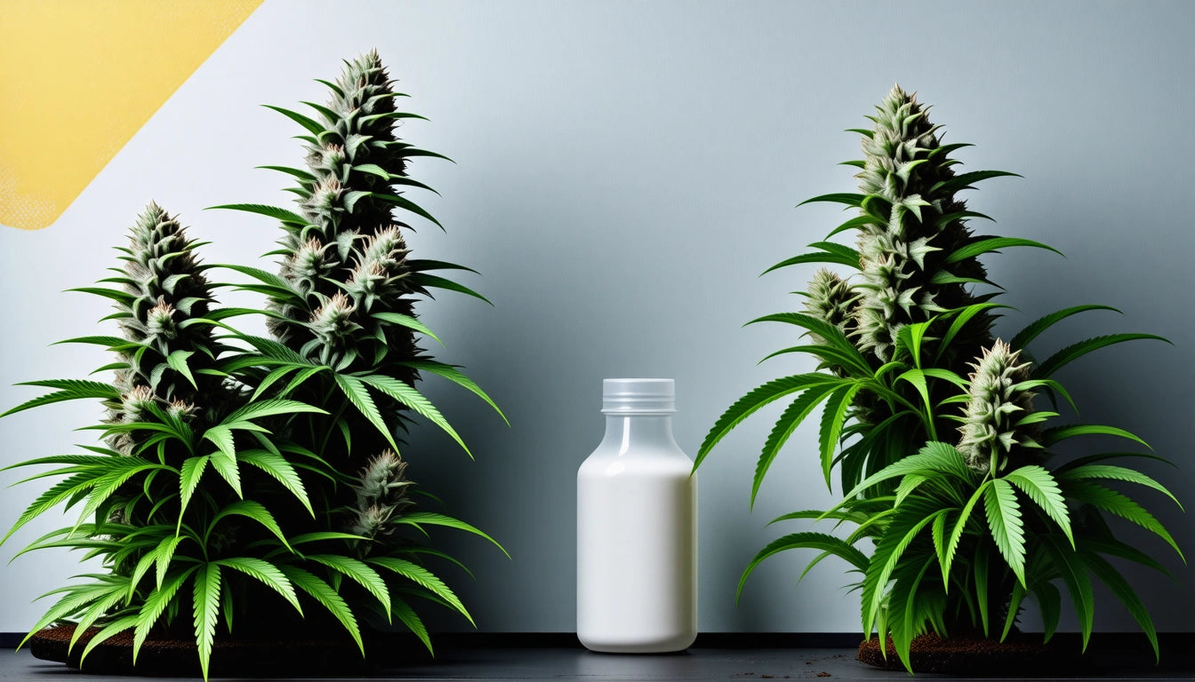 Two tall green plants with spiky leaves flank a small white bottle on a dark surface against a light gray background