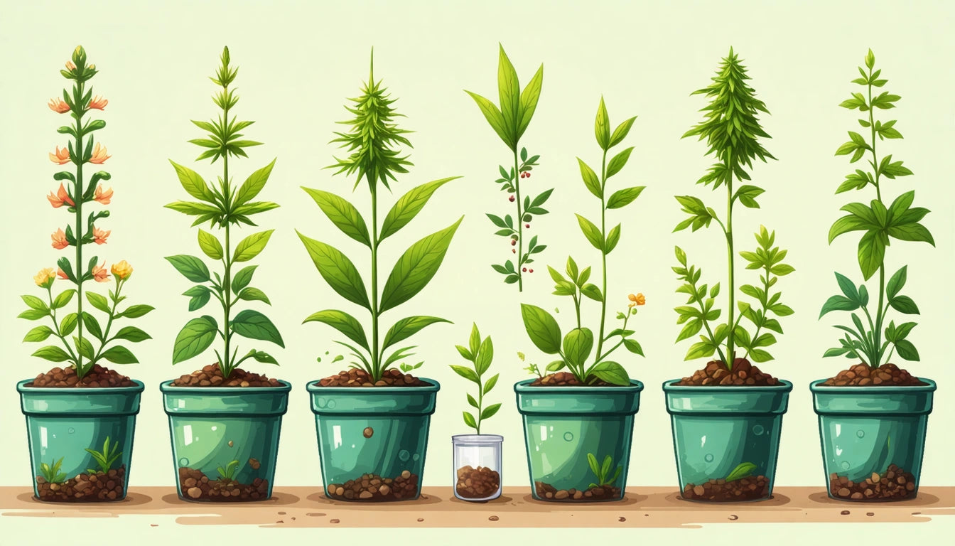 Seven potted plants in a row, varying heights, green leaves, small glass pot in center, light green background