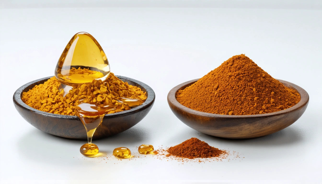 Two wooden bowls with turmeric powder; one with a honey-like substance dripping over it