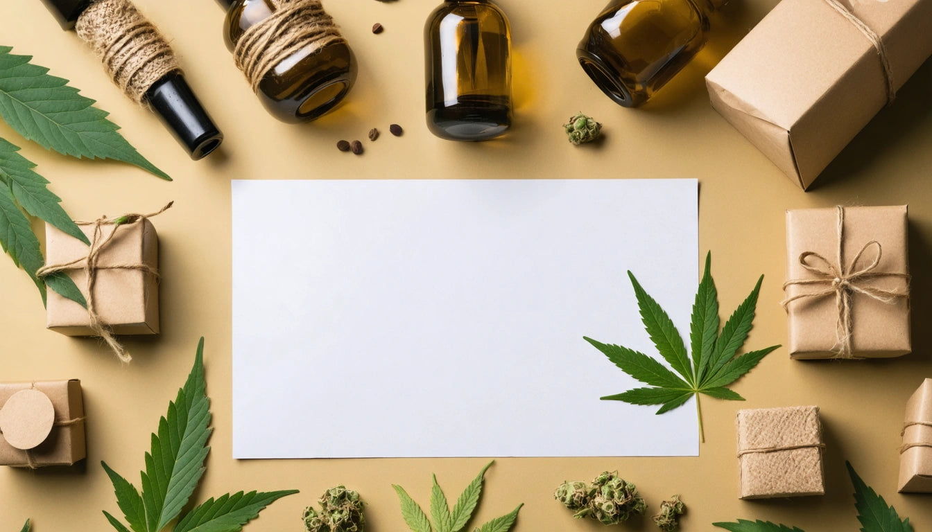 White rectangular paper surrounded by brown bottles, wrapped boxes, cannabis leaves, and buds on a beige surface