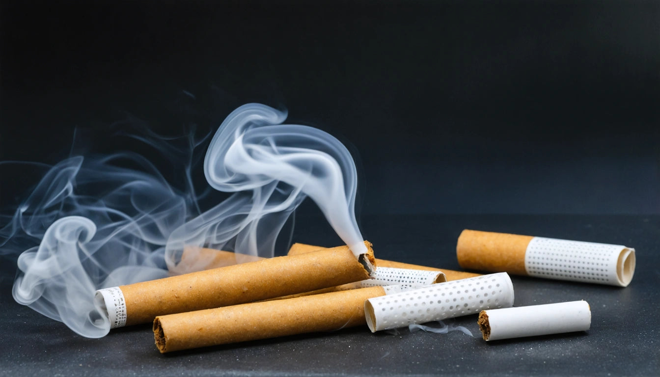 Several cigarettes with smoke rising against a dark background, some lit and others unlit, with white filters visible