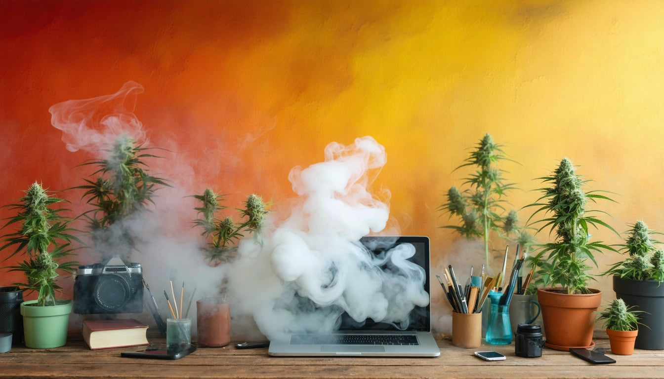 Laptop on wooden table surrounded by potted plants, art supplies, and camera; thick white smoke obscures screen; orange-yellow gradient wall