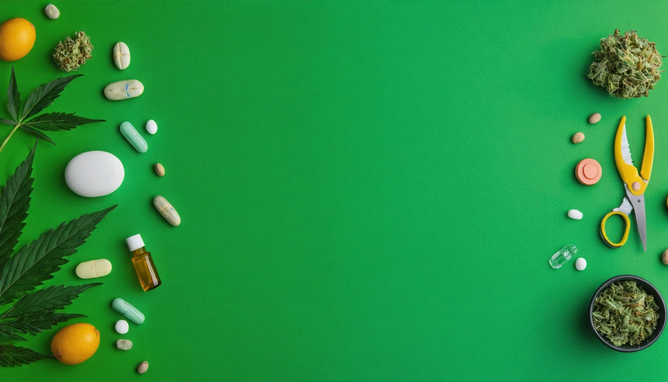 Green background with scattered pills, leaves, lemon, scissors, and a small bottle on the left, bowl with herbs on the right