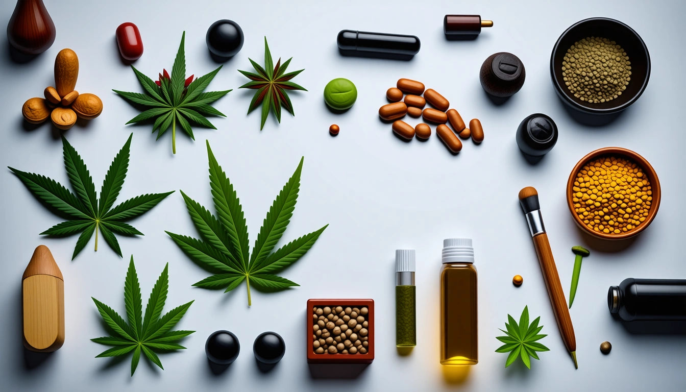 Various cannabis leaves, pills, oil bottles, and seeds arranged on a light surface
