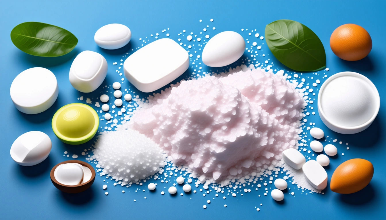 White and pink powder surrounded by various white tablets, green leaves, and small bowls on a blue background