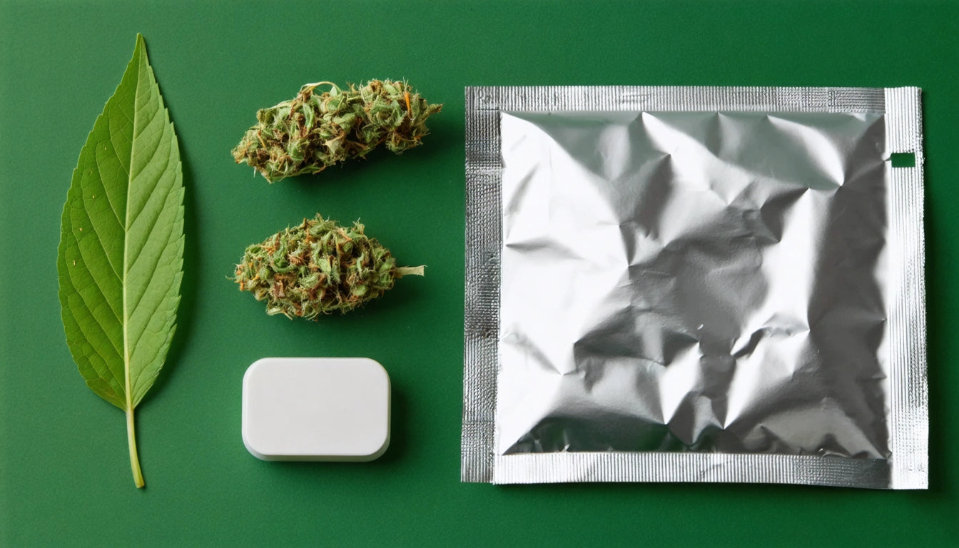 Leaf, two green buds, white rectangular object, and crumpled silver foil pouch on green background