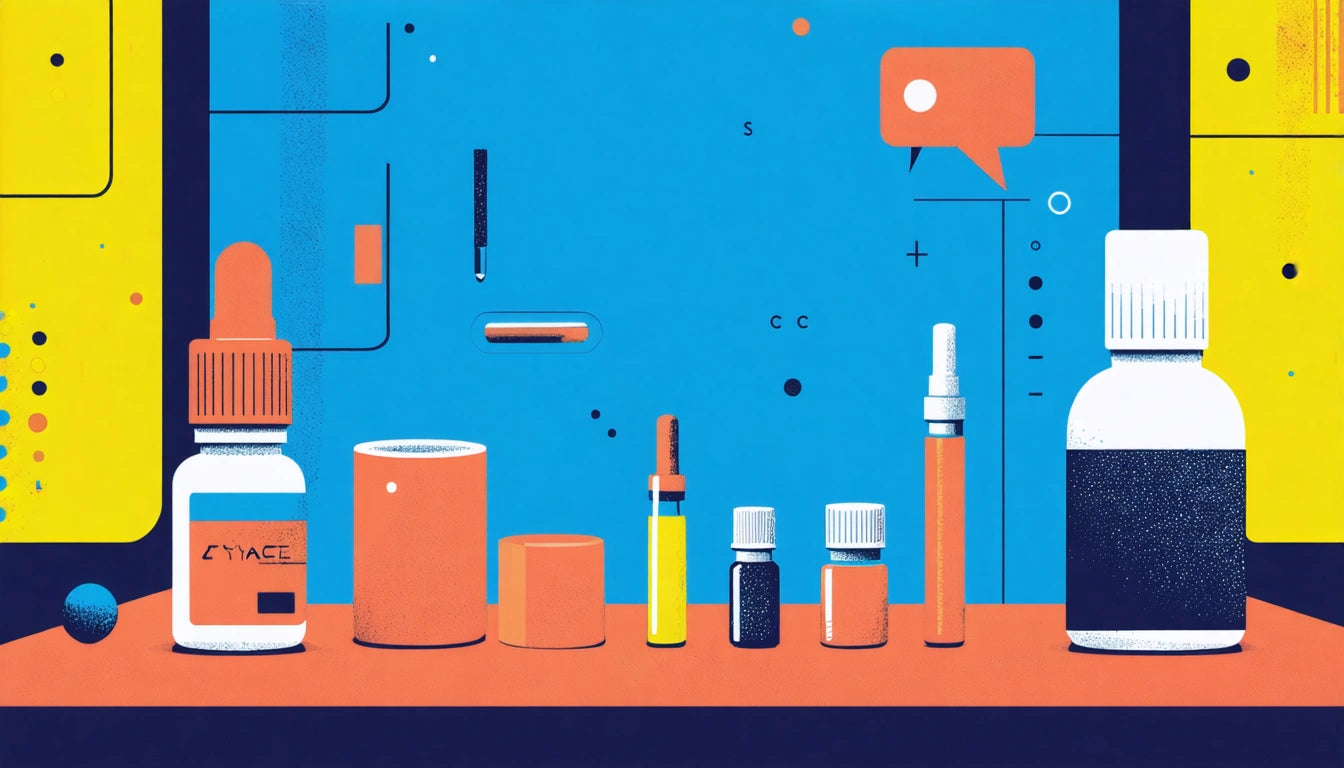 Bottles and containers of various sizes on an orange surface against a blue background with abstract shapes and lines