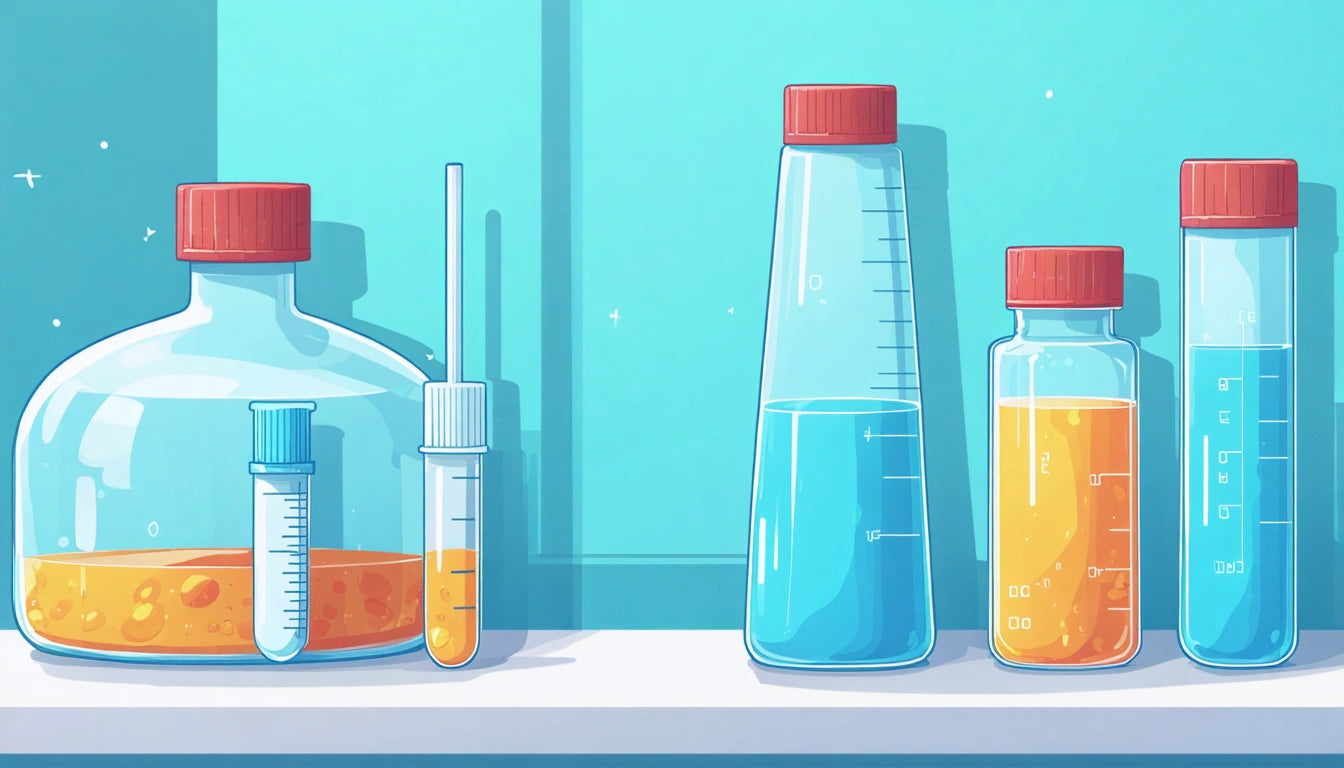 Laboratory flasks with red caps, filled with blue and orange liquids, on a white shelf against a turquoise wall