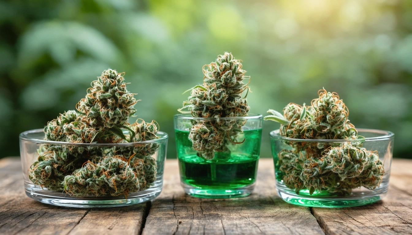Three glass bowls with green liquid, each holding a cluster of dense, spiky green buds on a wooden surface, blurred greenery behind