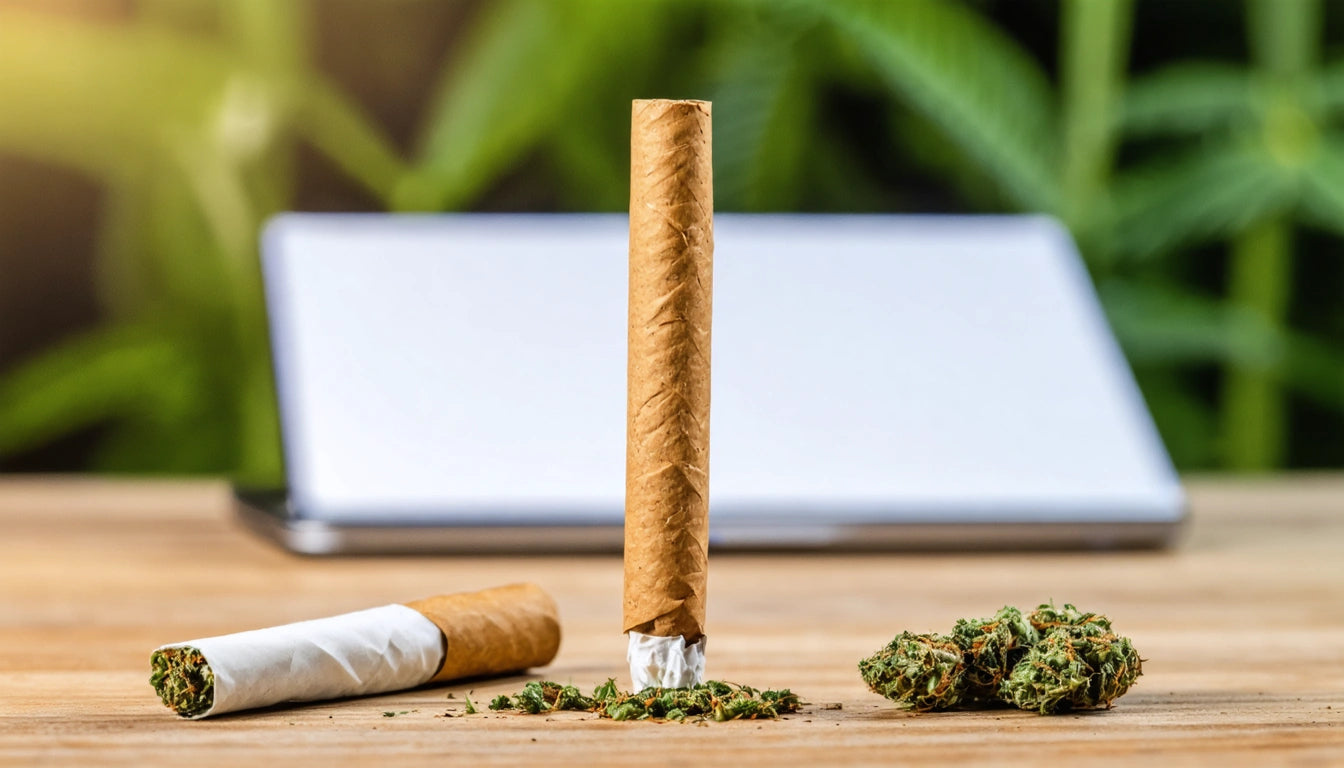 Rolled cigarette and cannabis buds on wooden surface, blurred laptop and green leaves in background