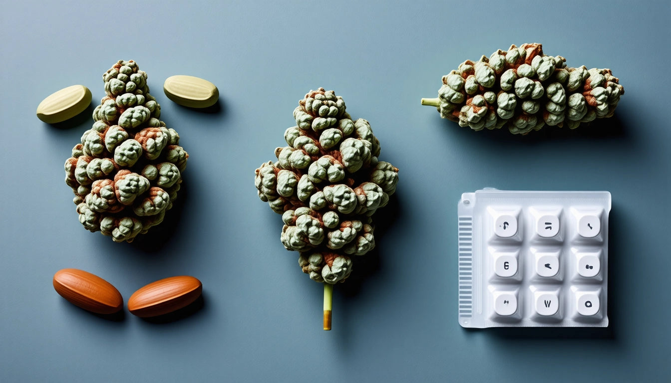 Three clusters of pine cones, assorted pills, and a blister pack with labeled buttons on a gray surface