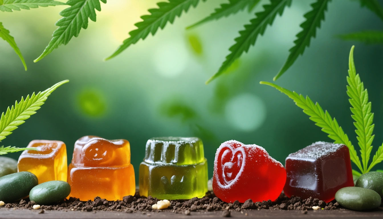 Colorful gummy candies on soil with smooth stones, surrounded by green leaves against a blurred green background