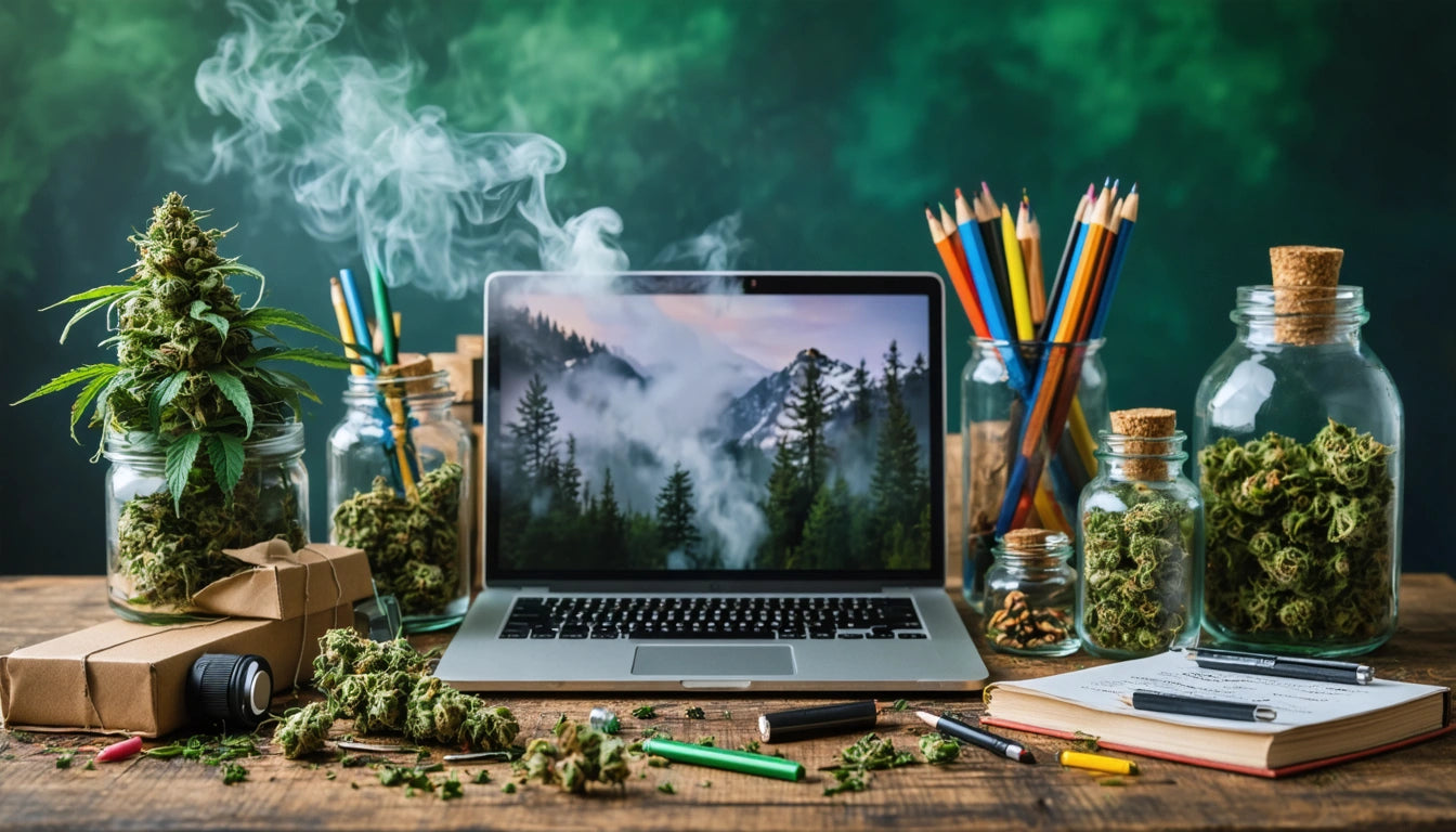 Laptop displaying misty forest scene, surrounded by jars of green plants, colored pencils in glass, and notebooks on wooden table
