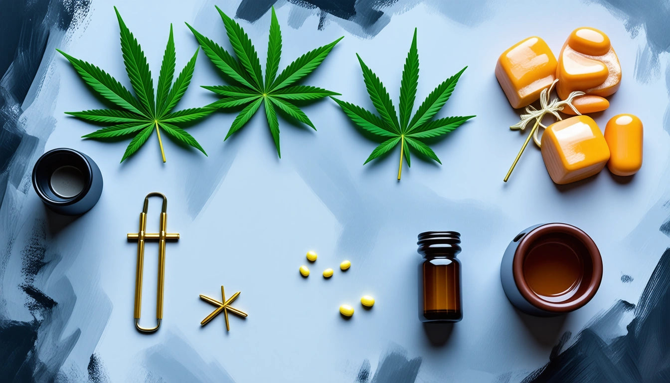 Three cannabis leaves, amber bottles, yellow pills, and honey sticks on a gray surface with black brush strokes