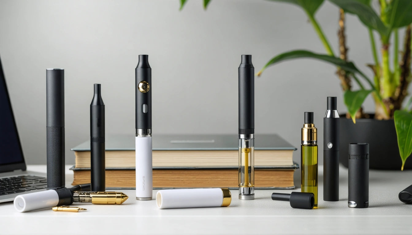 Various vape pens and cartridges on a white surface, with stacked books and green plants in the background