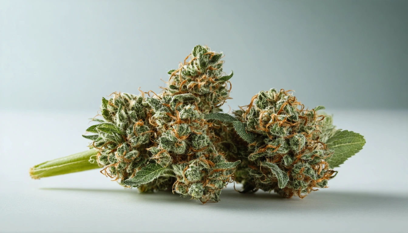 Green and orange plant buds with textured surface and leaves, on a light gray background