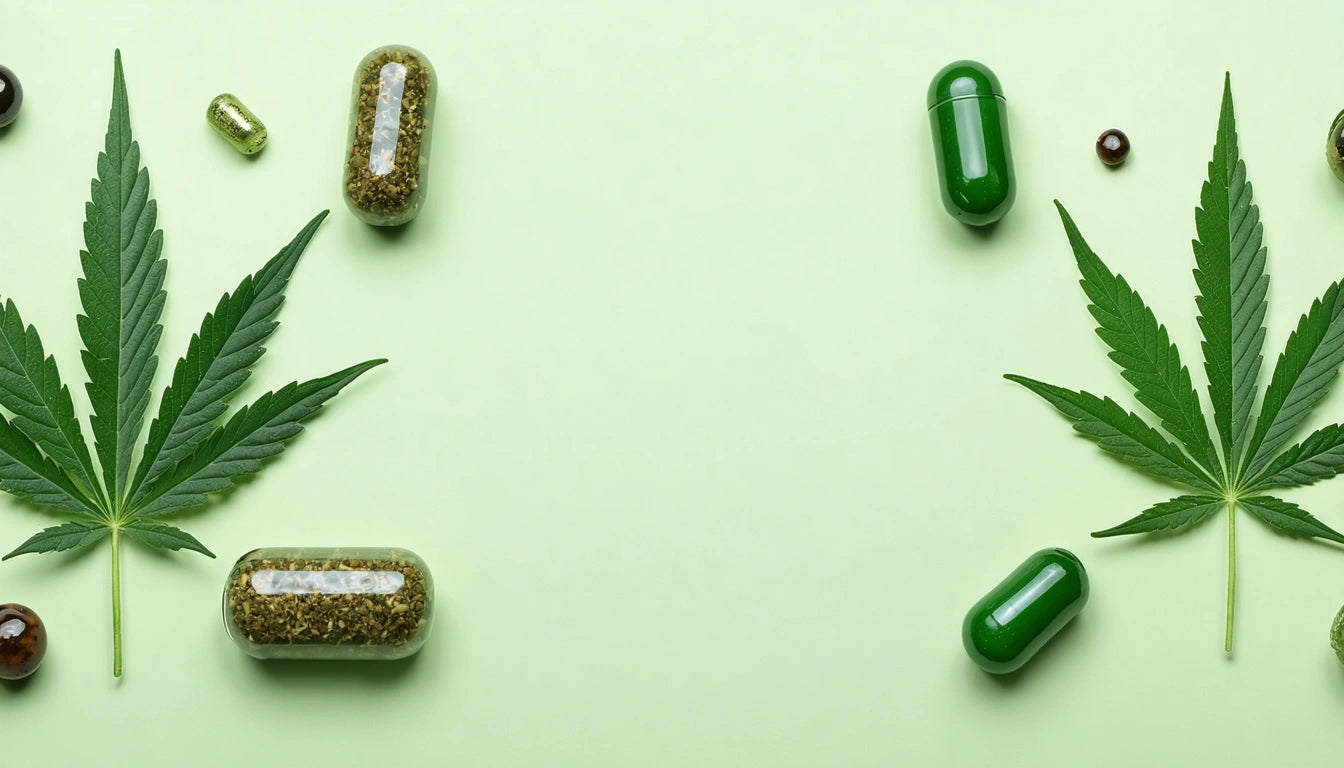 Green capsules and cannabis leaves arranged on a light green background