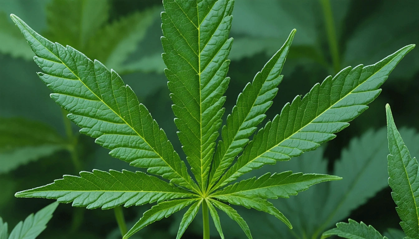 Green leaf with serrated edges and pointed tips against a blurred green background