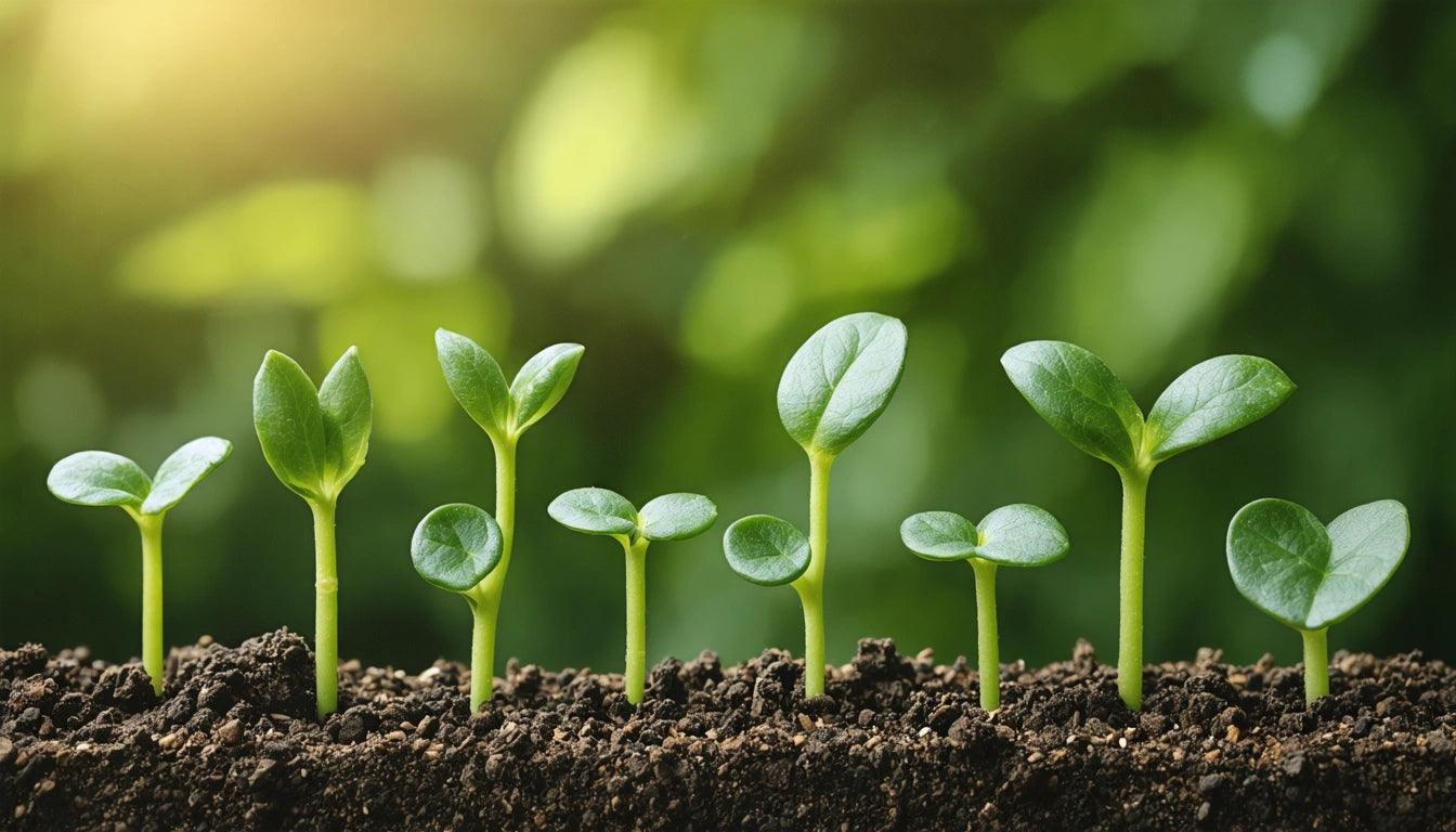 Young green seedlings sprouting from dark soil, with a blurred green background and soft sunlight