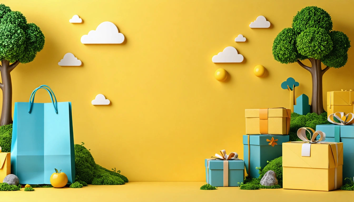 Yellow background with white clouds, green trees, blue and yellow gift boxes, and a blue shopping bag on grass