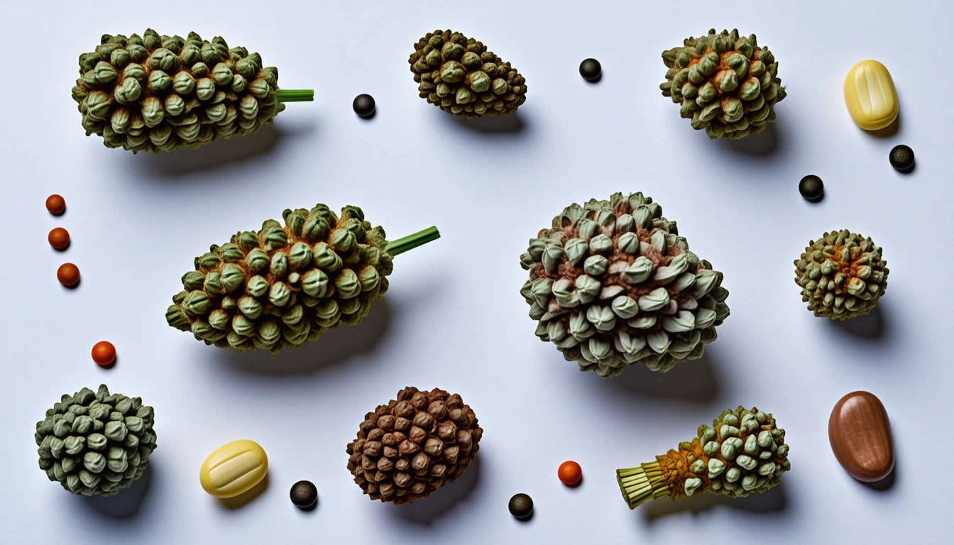 Various pine cones and colorful seeds arranged on a white background