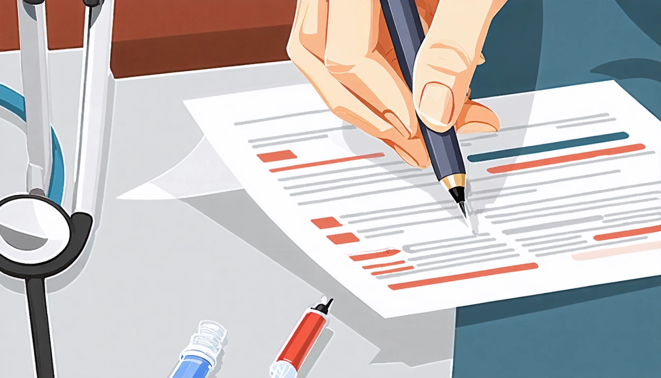 Hand holding pen over document with red and blue lines, stethoscope and syringes on table